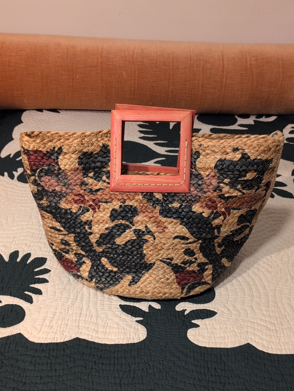 Olivia Miller Woven Straw Tote with Coral Square Handle